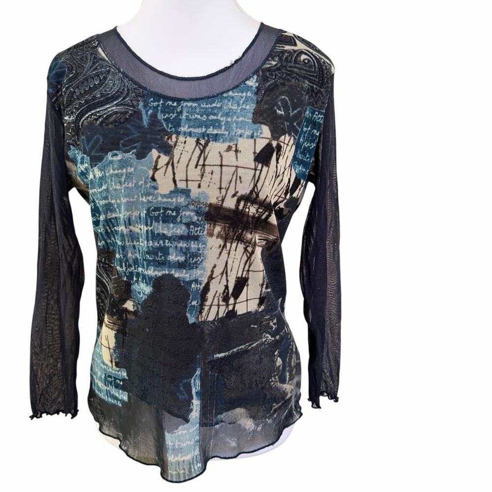 Peruzzi Mesh Abstract Art Print Top Sheer 3/4 Sleeve Blue Black Size M Y2K